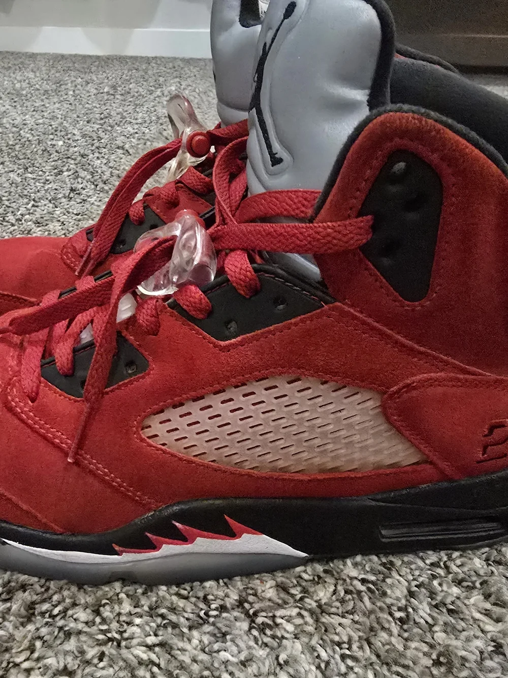 Jordan Red RETRO 5Suede High-Top Basketball Shoes with Black Accents